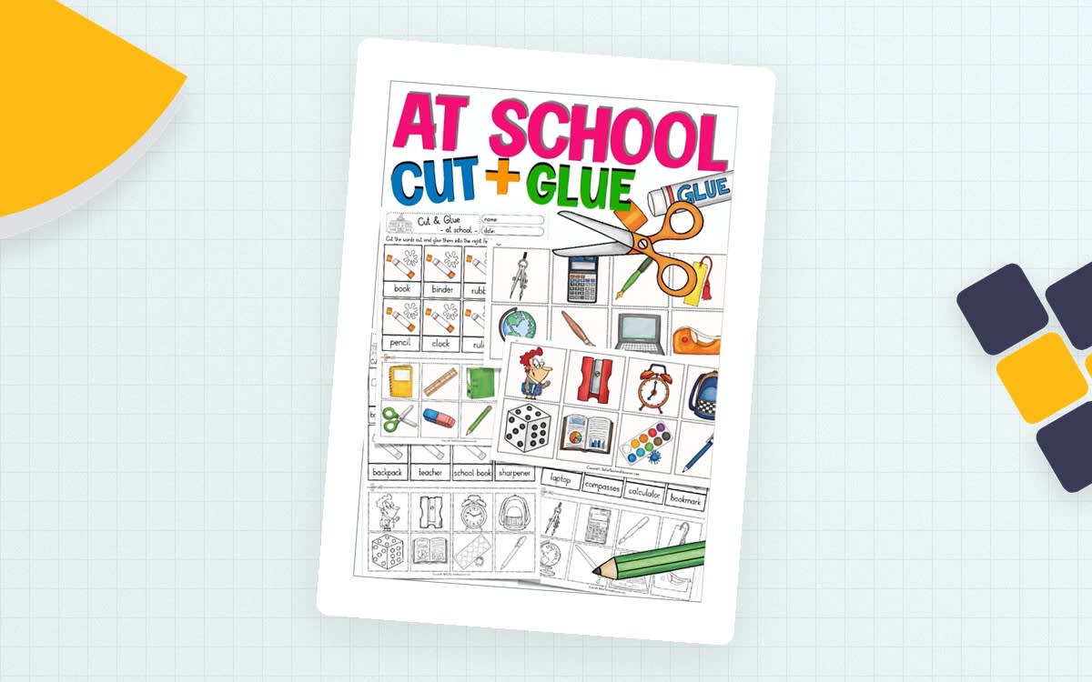 An educational teaching resource from Better Teaching Resources entitled Cut & Glue: At School downloadable at Teach Simple.