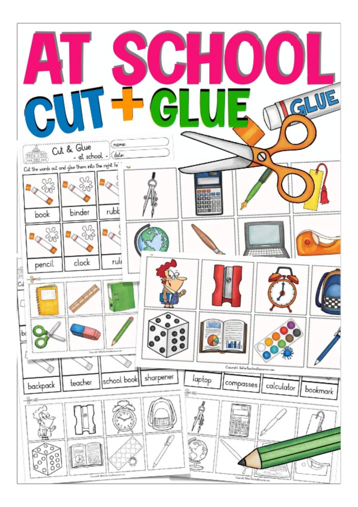 An educational teaching resource from Better Teaching Resources entitled Cut & Glue: At School downloadable at Teach Simple.