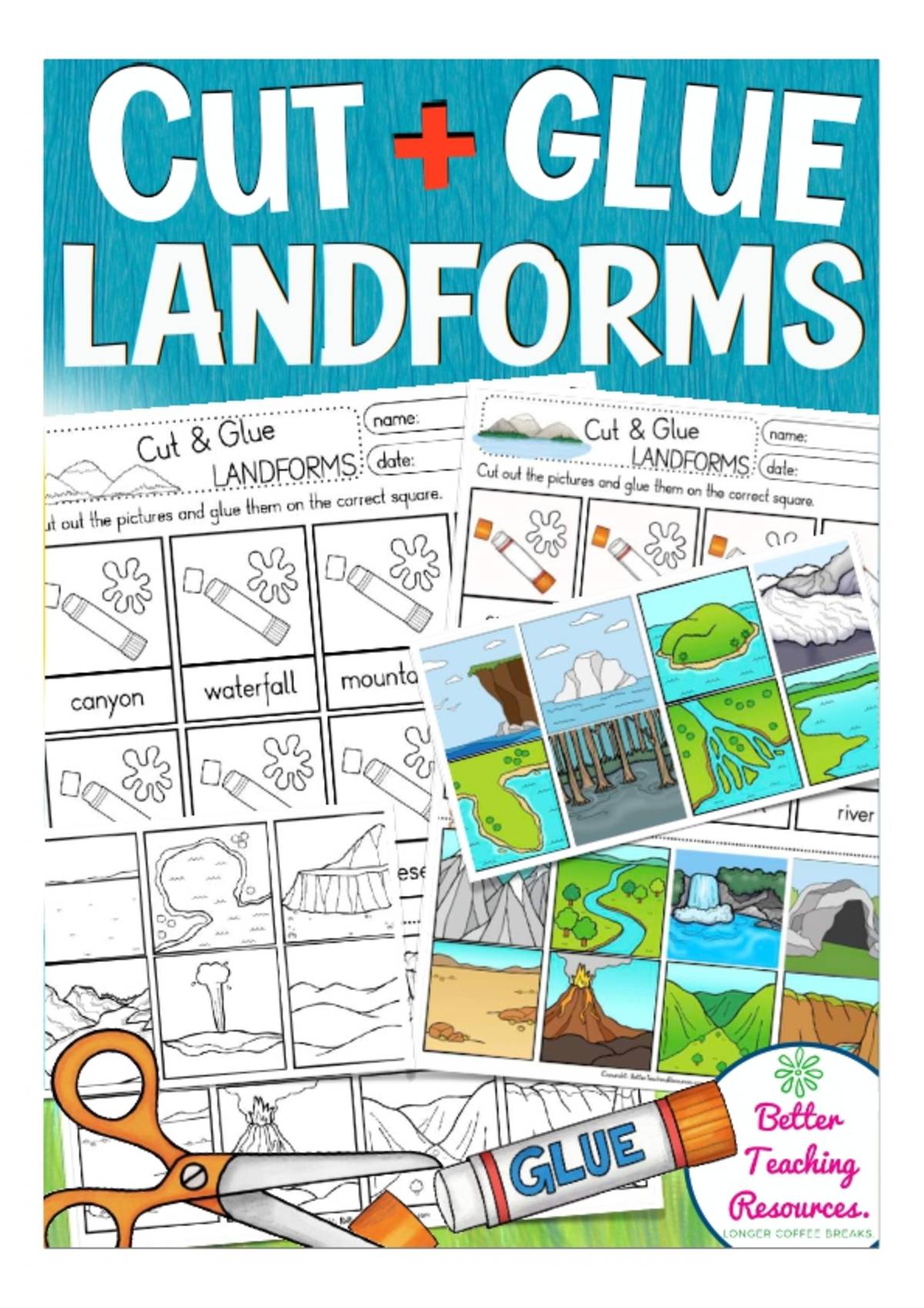 An educational teaching resource from Better Teaching Resources entitled Cut & Glue: Landforms downloadable at Teach Simple.