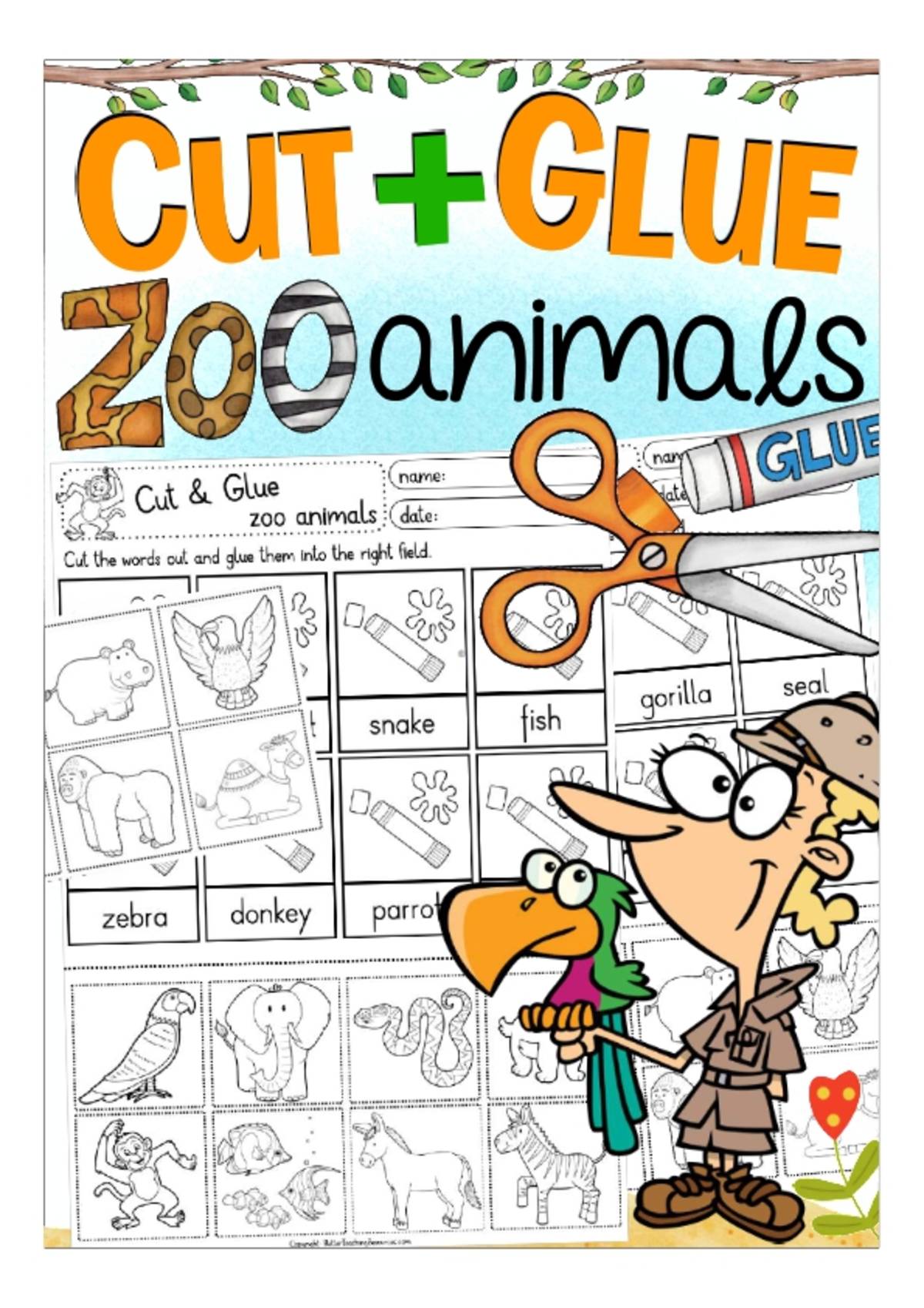 An educational teaching resource from Better Teaching Resources entitled Cut & Glue: Zoo Animals downloadable at Teach Simple.