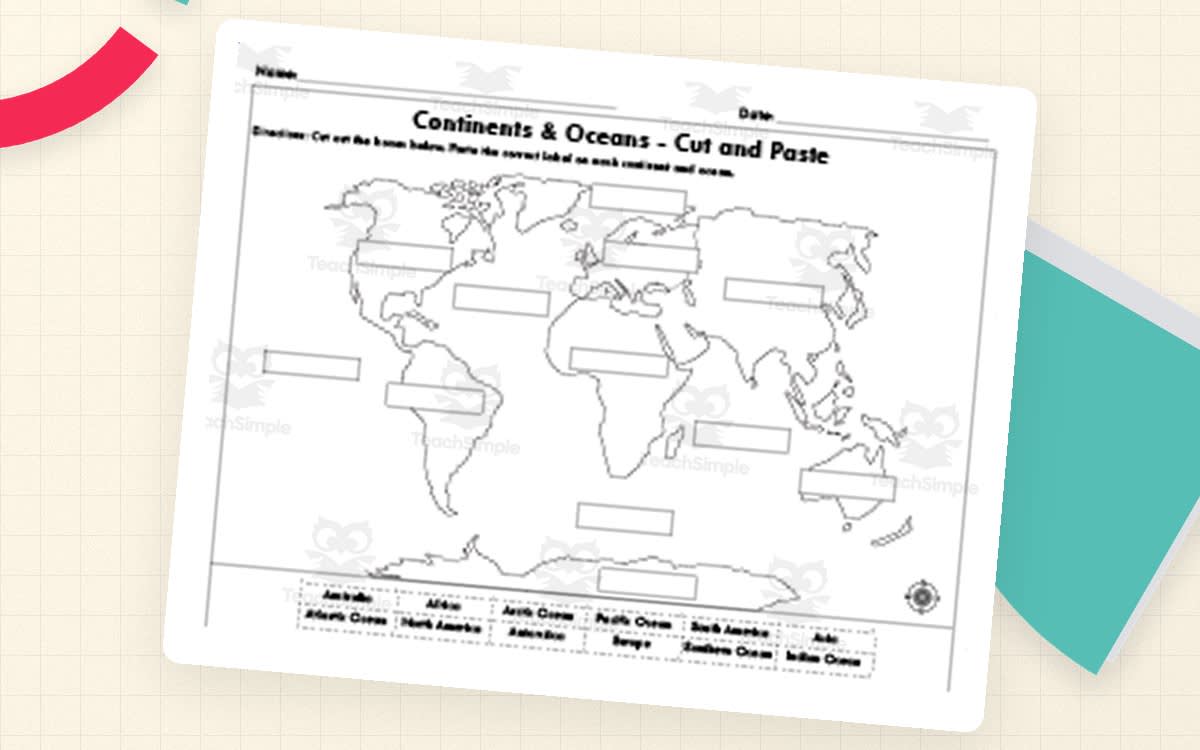 An educational teaching resource from Educational Studio entitled Continents & Oceans Map – Cut and Paste Worksheet downloadable at Teach Simple.
