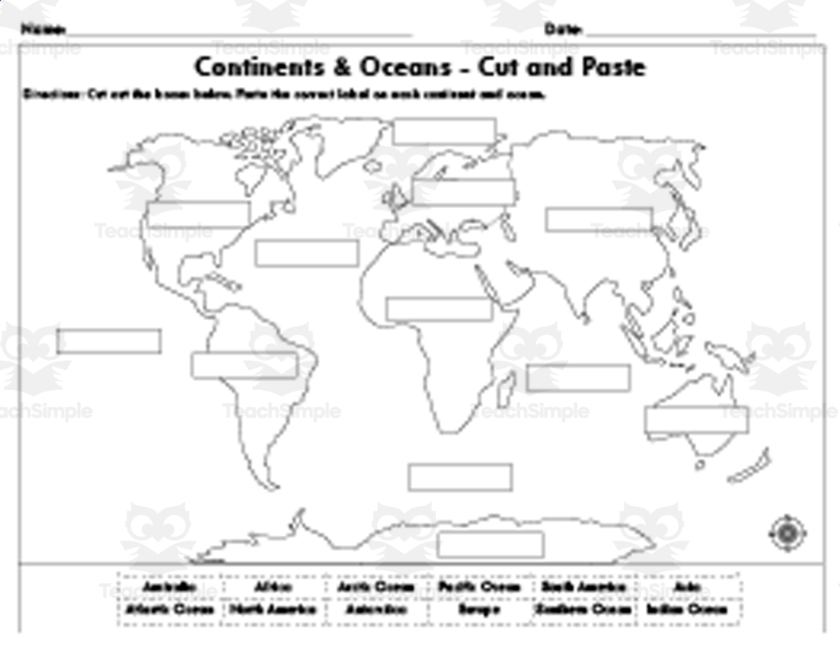 An educational teaching resource from Educational Studio entitled Continents & Oceans Map – Cut and Paste Worksheet downloadable at Teach Simple.