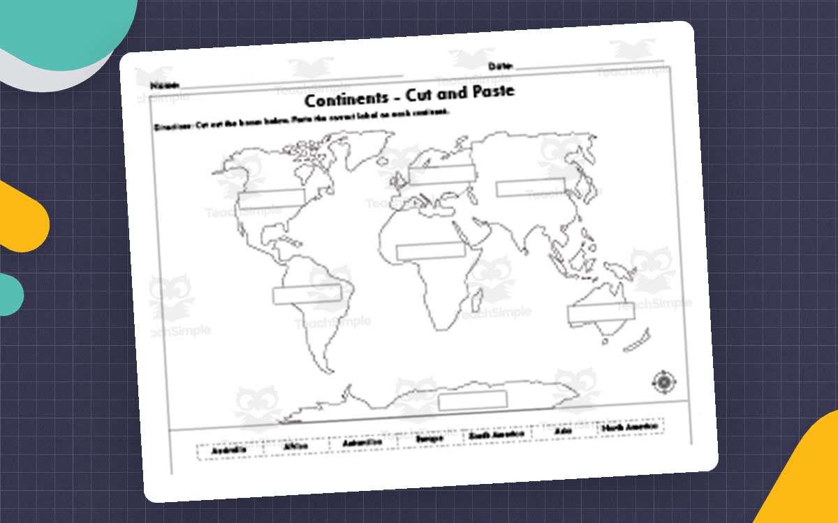 An educational teaching resource from Educational Studio entitled Cut and Paste World Map – 7 Continents Activity downloadable at Teach Simple.