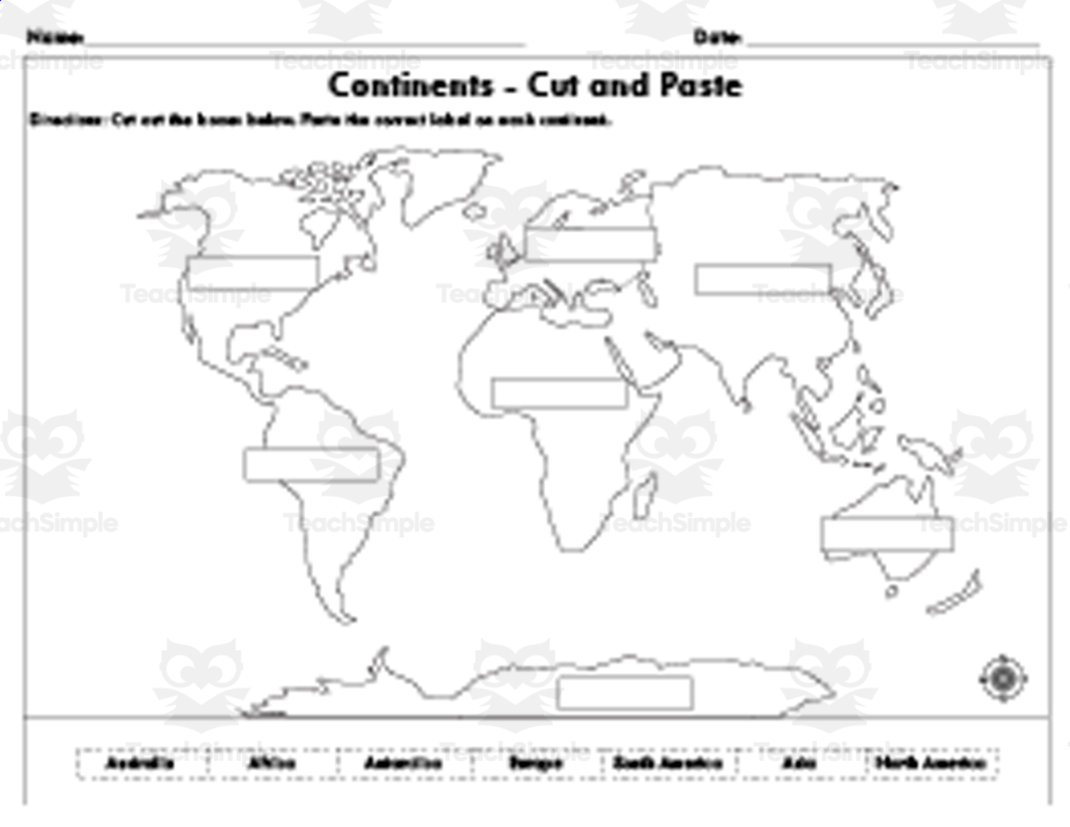 An educational teaching resource from Educational Studio entitled Cut and Paste World Map – 7 Continents Activity downloadable at Teach Simple.