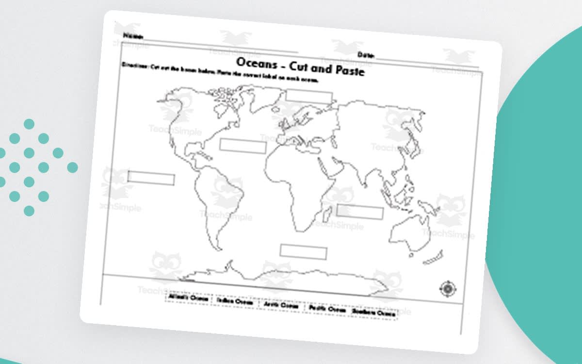 An educational teaching resource from Educational Studio entitled Cut and Paste Oceans - World Map downloadable at Teach Simple.