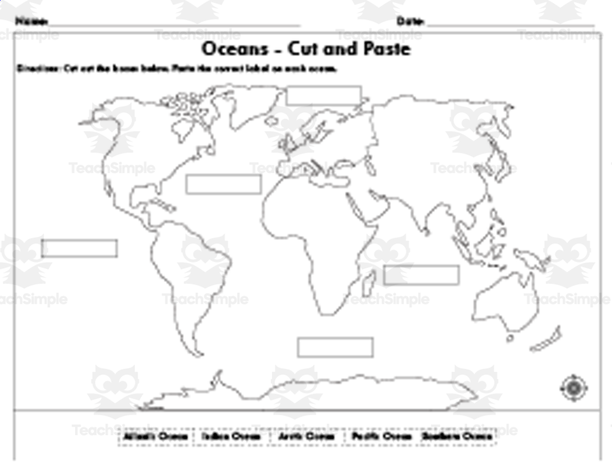 An educational teaching resource from Educational Studio entitled Cut and Paste Oceans - World Map downloadable at Teach Simple.