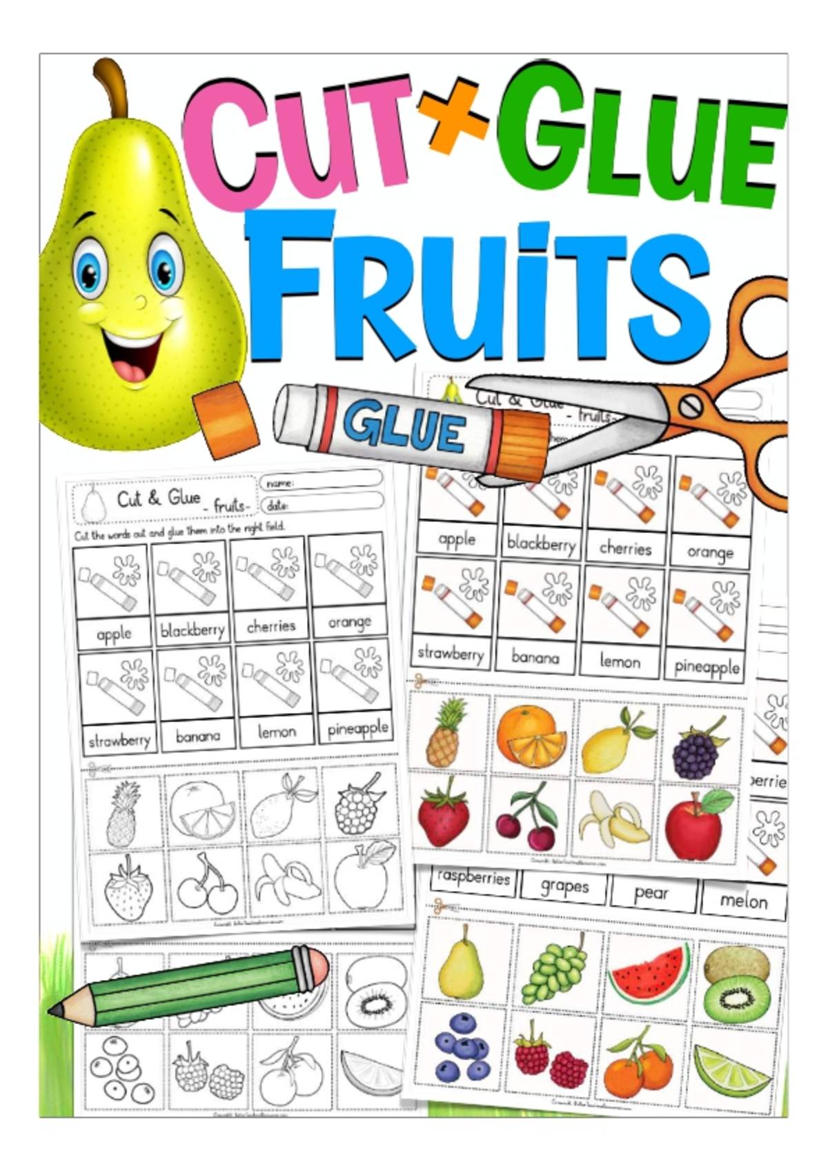 An educational teaching resource from Better Teaching Resources entitled Cut + Glue: Fruits downloadable at Teach Simple.