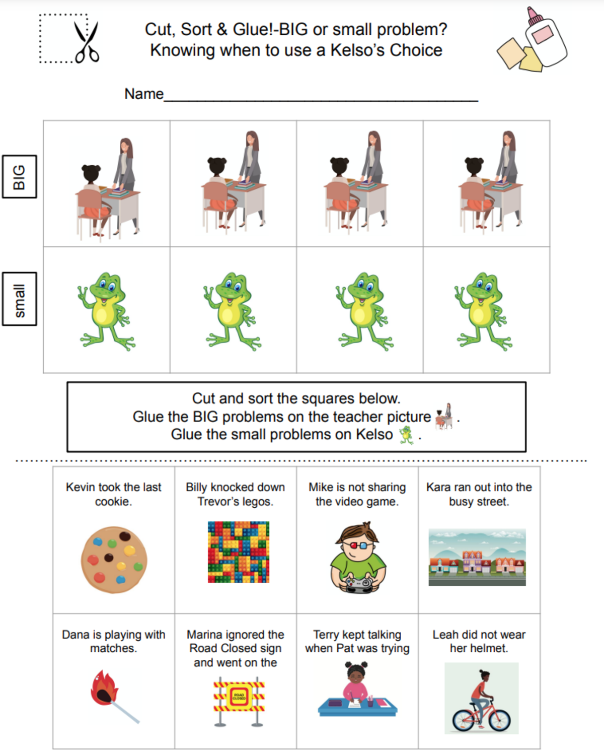 An educational teaching resource from Jennifer Moyer Taylor entitled Cut, Sort, & Glue-BIG versus small problems? An SEL Activity downloadable at Teach Simple.