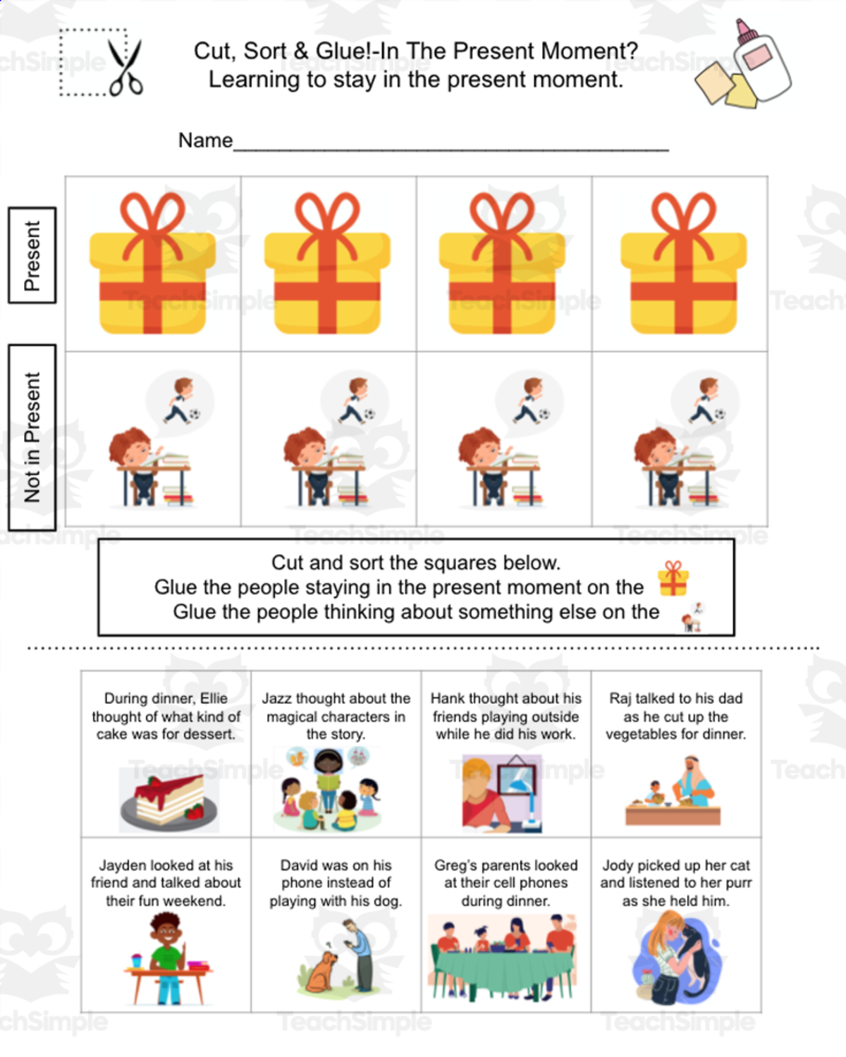 An educational teaching resource from Jennifer Moyer Taylor entitled Cut, Sort, & Glue-In The Present Moment? downloadable at Teach Simple.
