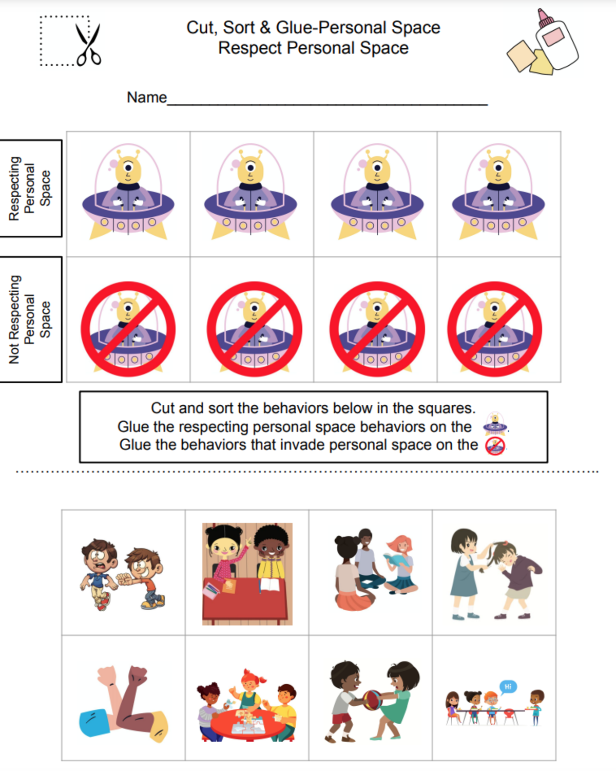 An educational teaching resource from Jennifer Moyer Taylor entitled Cut, Sort, & Glue-Respecting Personal Space Sorting Activity downloadable at Teach Simple.