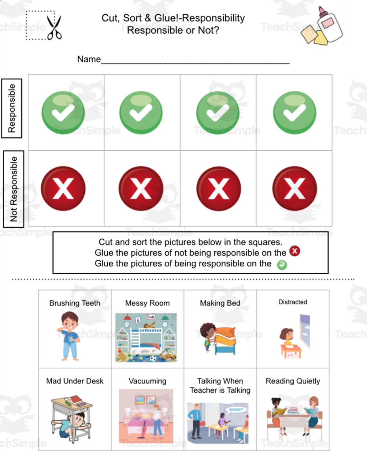 An educational teaching resource from Jennifer Moyer Taylor entitled Cut, Sort, & Glue-Responsible or Not? An SEL Activity downloadable at Teach Simple.