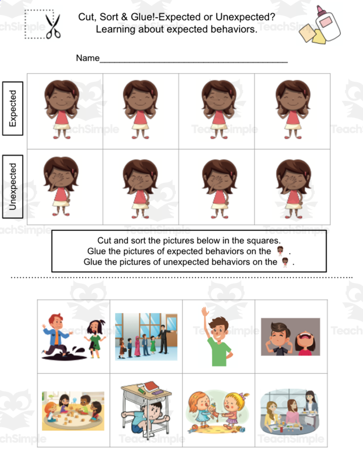 An educational teaching resource from Jennifer Moyer Taylor entitled Cut, Sort, & Glue-SEL Lesson-Expected or Unexpected Behaviors downloadable at Teach Simple.
