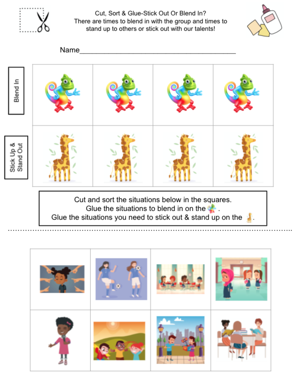 An educational teaching resource from Jennifer Moyer Taylor entitled Cut, Sort, & Glue-Stick Out Or Blend In? downloadable at Teach Simple.