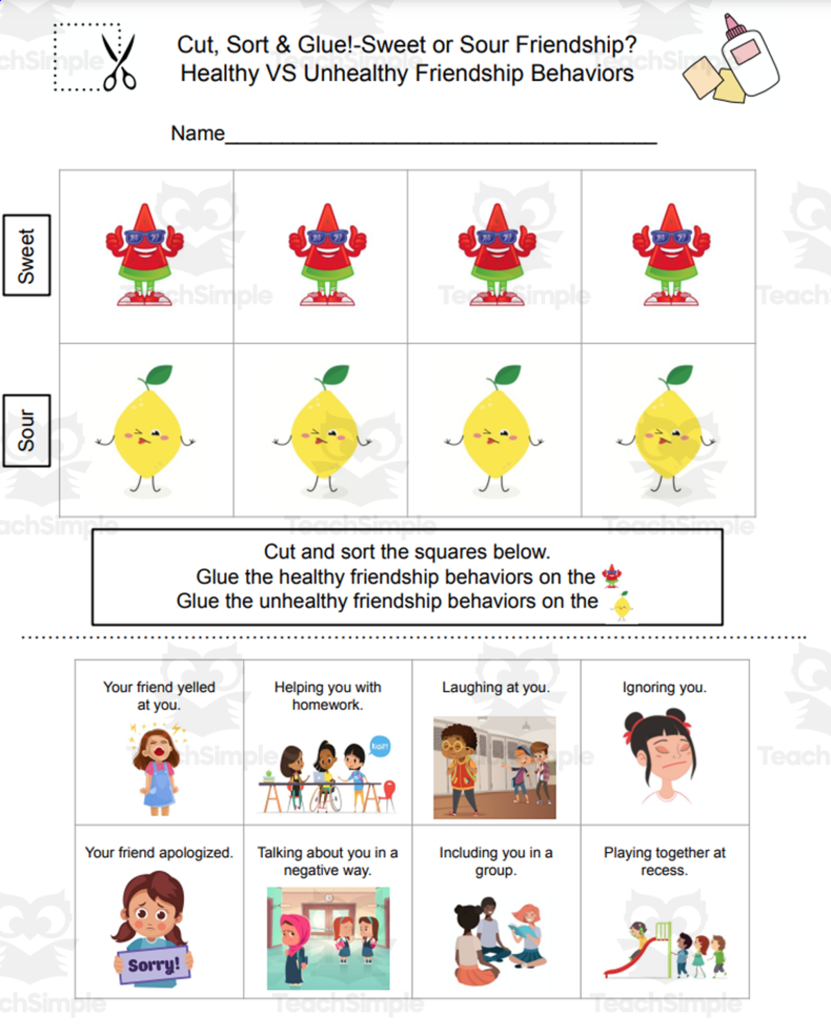 An educational teaching resource from Jennifer Moyer Taylor entitled Cut, Sort, & Glue-Sweet or Sour Friendship Behaviors? downloadable at Teach Simple.
