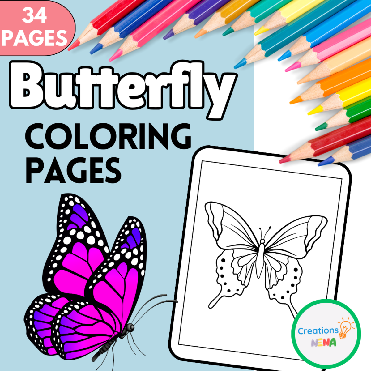 An educational teaching resource from Nena Creations entitled Cute Butterfly Coloring Pages for Kids. downloadable at Teach Simple.