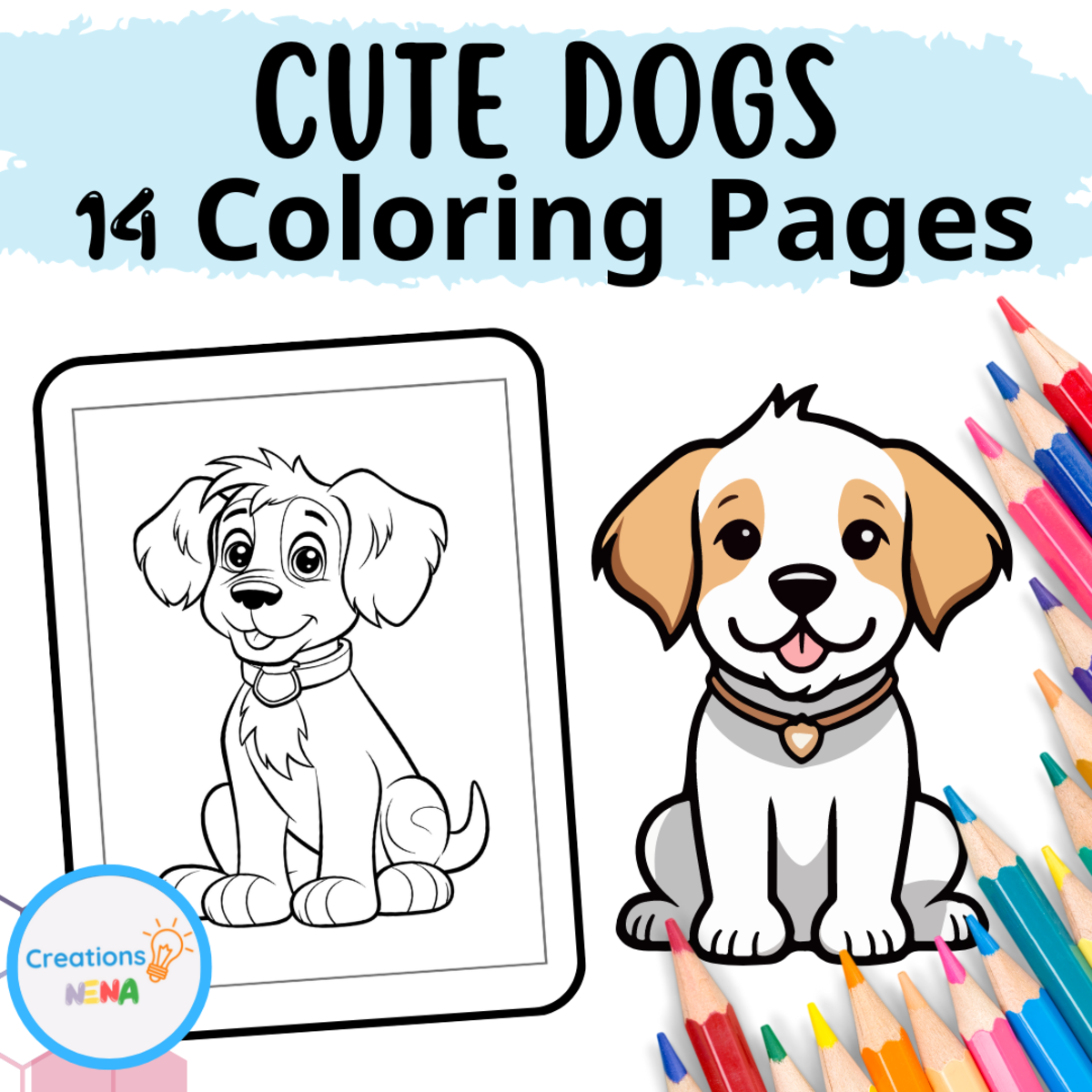 An educational teaching resource from Nena Creations entitled Cute Dogs Coloring Pages for Kids. downloadable at Teach Simple.
