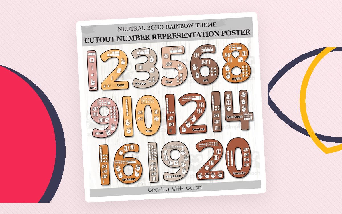An educational teaching resource from Crafty with Calani entitled Cutout Number Representation Posters In Neutral Boho Rainbow Theme downloadable at Teach Simple.