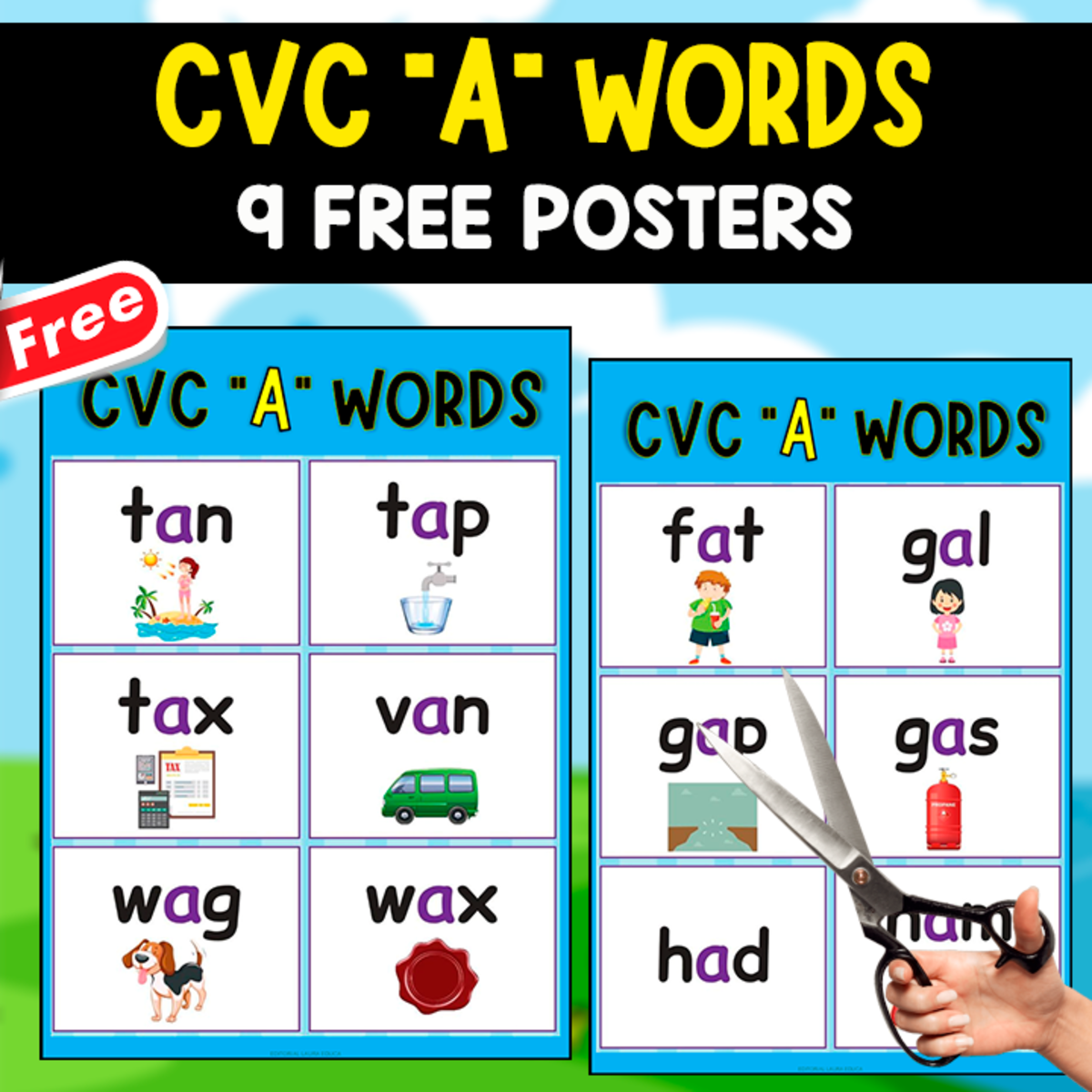 An educational teaching resource from EDITORIAL LAURA EDUCA entitled CVC "A" WORDS | 9 FREE POSTERS downloadable at Teach Simple.