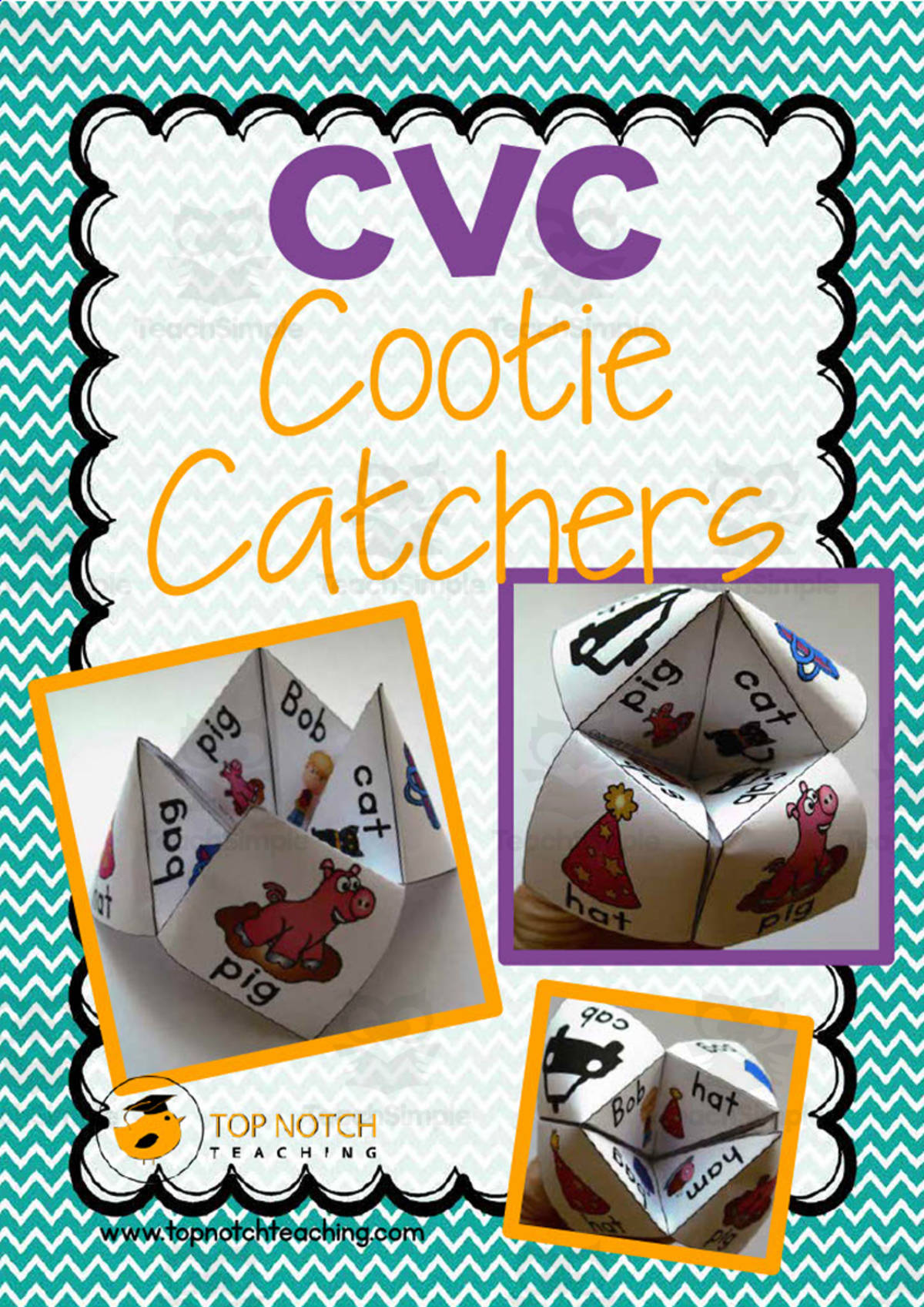 An educational teaching resource from Top Notch Teaching entitled CVC Cootie Catchers downloadable at Teach Simple.