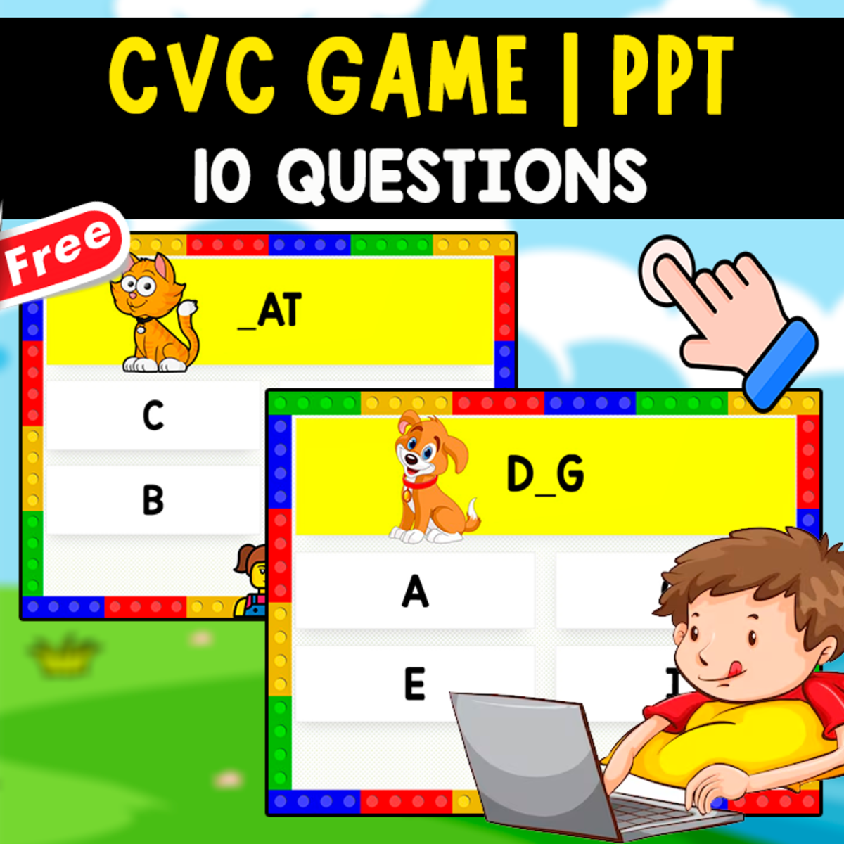 An educational teaching resource from EDITORIAL LAURA EDUCA entitled CVC GAME QUIZ PPT | 10 QUESTIONS downloadable at Teach Simple.