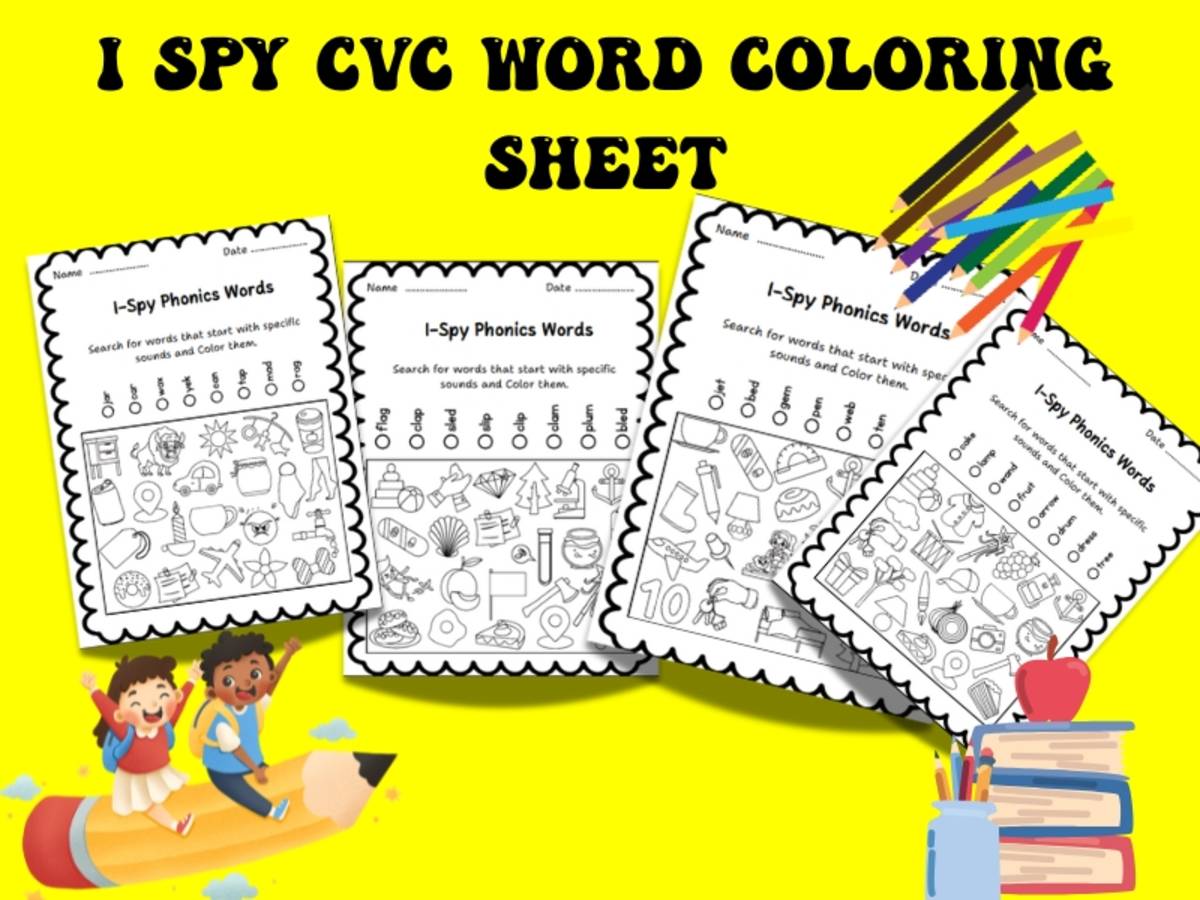 An educational teaching resource from Bright Education entitled CVC I Spy Phonics Worksheets | Short Vowel Word Search & Color Activit downloadable at Teach Simple.