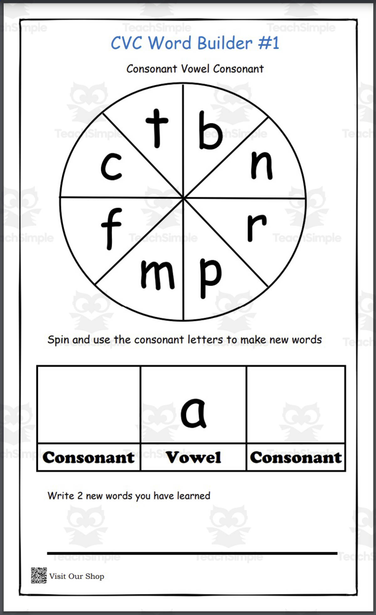 An educational teaching resource from KD's Kids School Shop entitled CVC Word Builder #1   Phonics Game, Sight Words Printable, Word Builder for Preschool, Kindergarten & 1st Grade downloadable at Teach Simple.