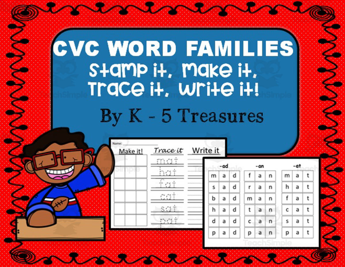 An educational teaching resource from K-5 Treasures entitled CVC Word Families for Beginning Readers: Stamp it, Make it, Trace it, and Write it downloadable at Teach Simple.