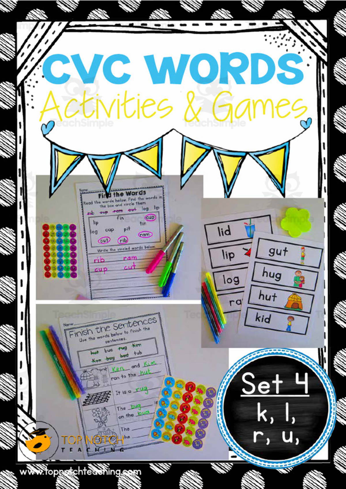 An educational teaching resource from Top Notch Teaching entitled CVC Words Activity Packet - Set 4 downloadable at Teach Simple.