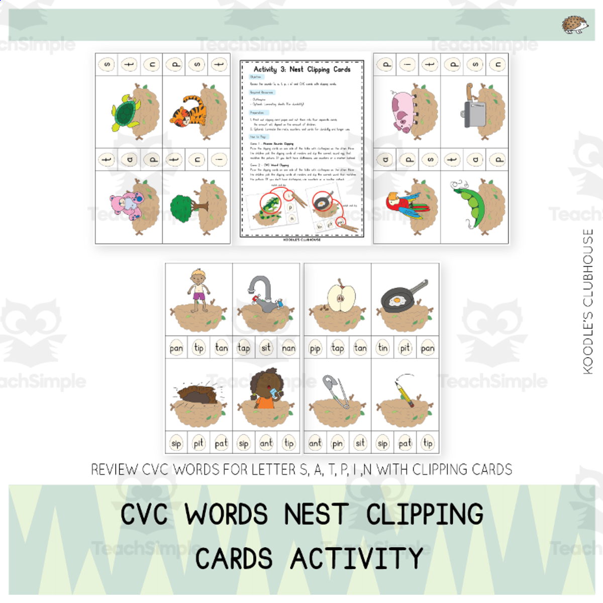 An educational teaching resource from Koodles Clubhouse entitled CVC Words Nest Clipping Cards Activity downloadable at Teach Simple.