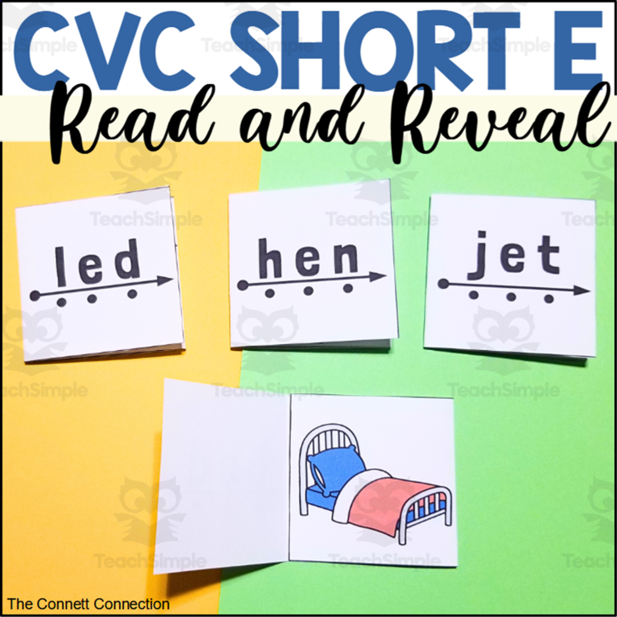An educational teaching resource from The Connett Connection entitled CVC Words Read and Reveal Blending Cards Short E Words downloadable at Teach Simple.