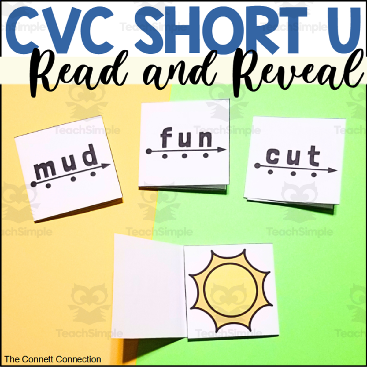 An educational teaching resource from The Connett Connection entitled CVC Words Read and Reveal Blending Cards Short U Words downloadable at Teach Simple.