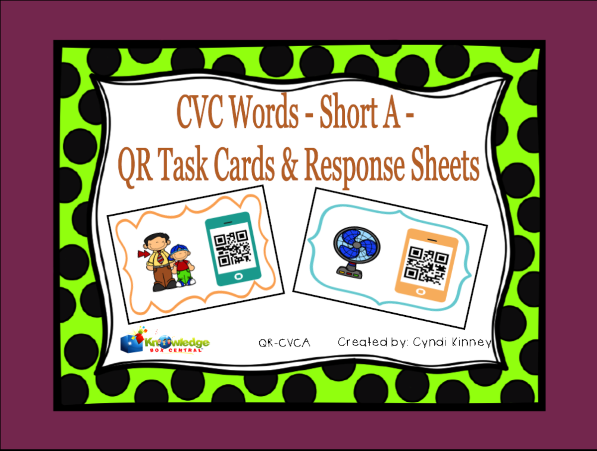 An educational teaching resource from Knowledge Box Central entitled CVC Words - Short A - QR Code Task Cards & Response Sheets - EBOOK downloadable at Teach Simple.