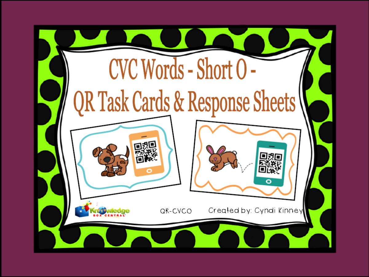 An educational teaching resource from Knowledge Box Central entitled CVC Words - Short O - QR Code Task Cards & Response Sheets - EBOOK downloadable at Teach Simple.