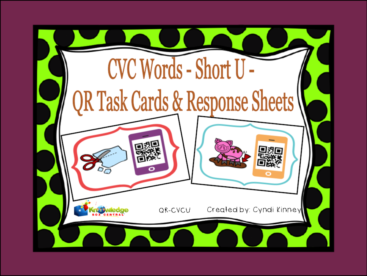 An educational teaching resource from Knowledge Box Central entitled CVC Words - Short U - QR Code Task Cards & Response Sheets - EBOOK downloadable at Teach Simple.