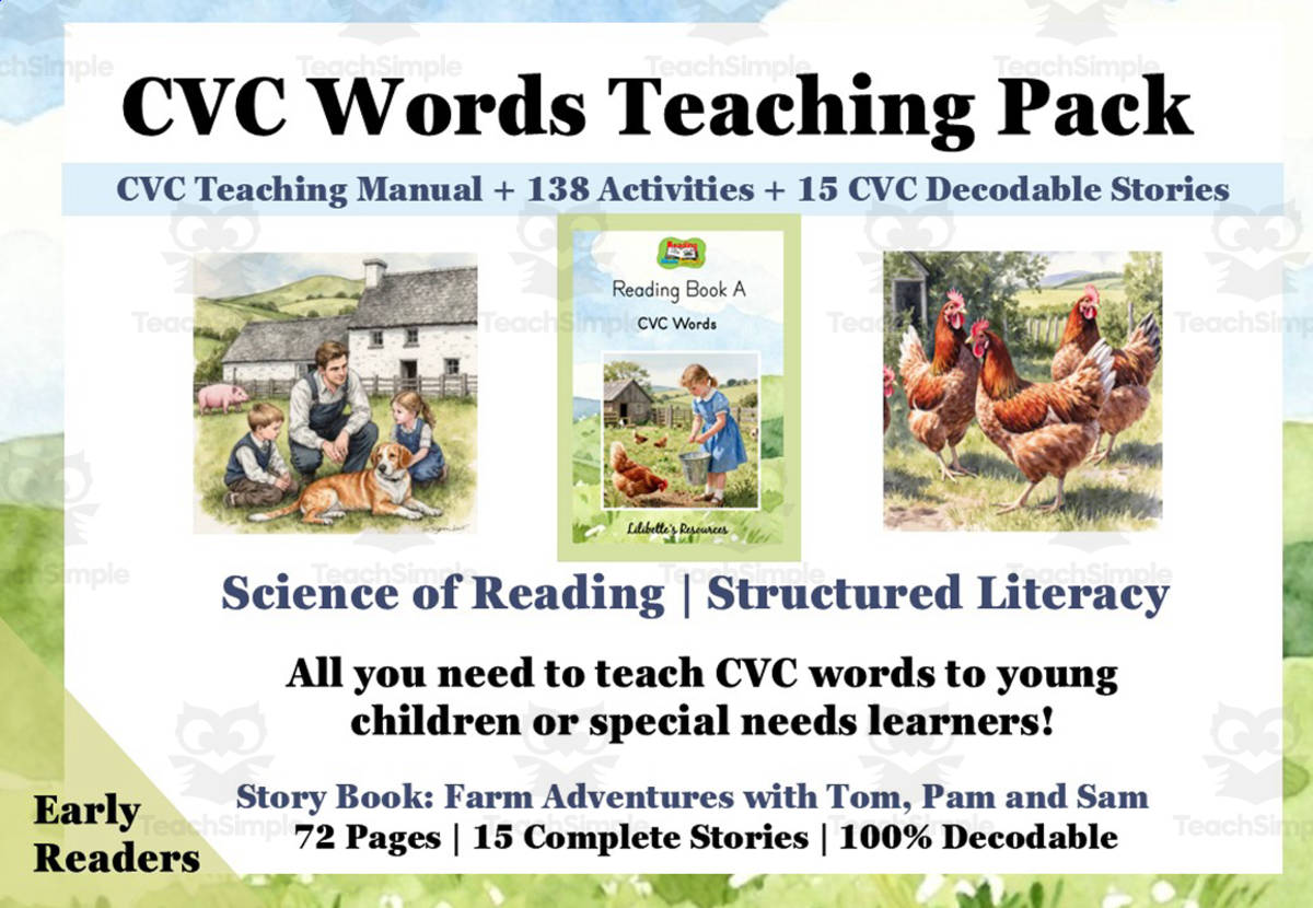 An educational teaching resource from Lilibette's Resources entitled CVC Words Teaching Pack: Activities + 16 Decodable Stories | SOR downloadable at Teach Simple.