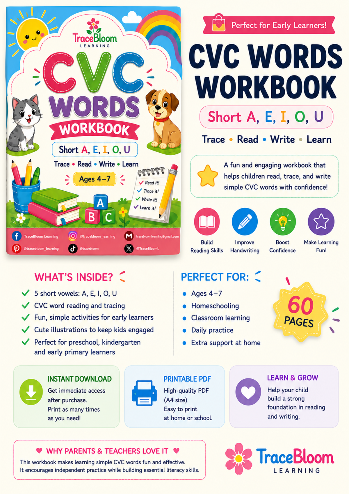 An educational teaching resource from Tracebloom Learning entitled CVC Words Worksheets | 60-Page Phonics & Reading Activities downloadable at Teach Simple.