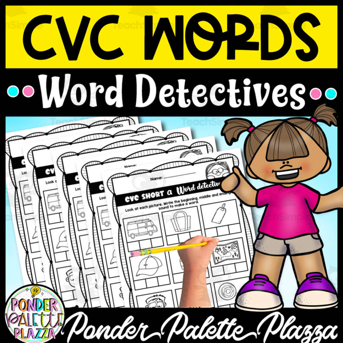 An educational teaching resource from Ponder Palette Plazza entitled CVC Words Worksheets - CVC Shorts ( a-e-i-o-u) downloadable at Teach Simple.