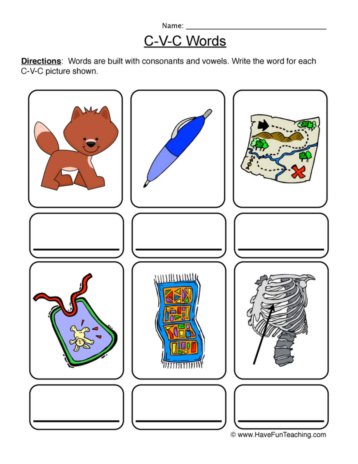 An educational teaching resource from Have Fun Teaching entitled CVC Worksheet - Write the Words downloadable at Teach Simple.