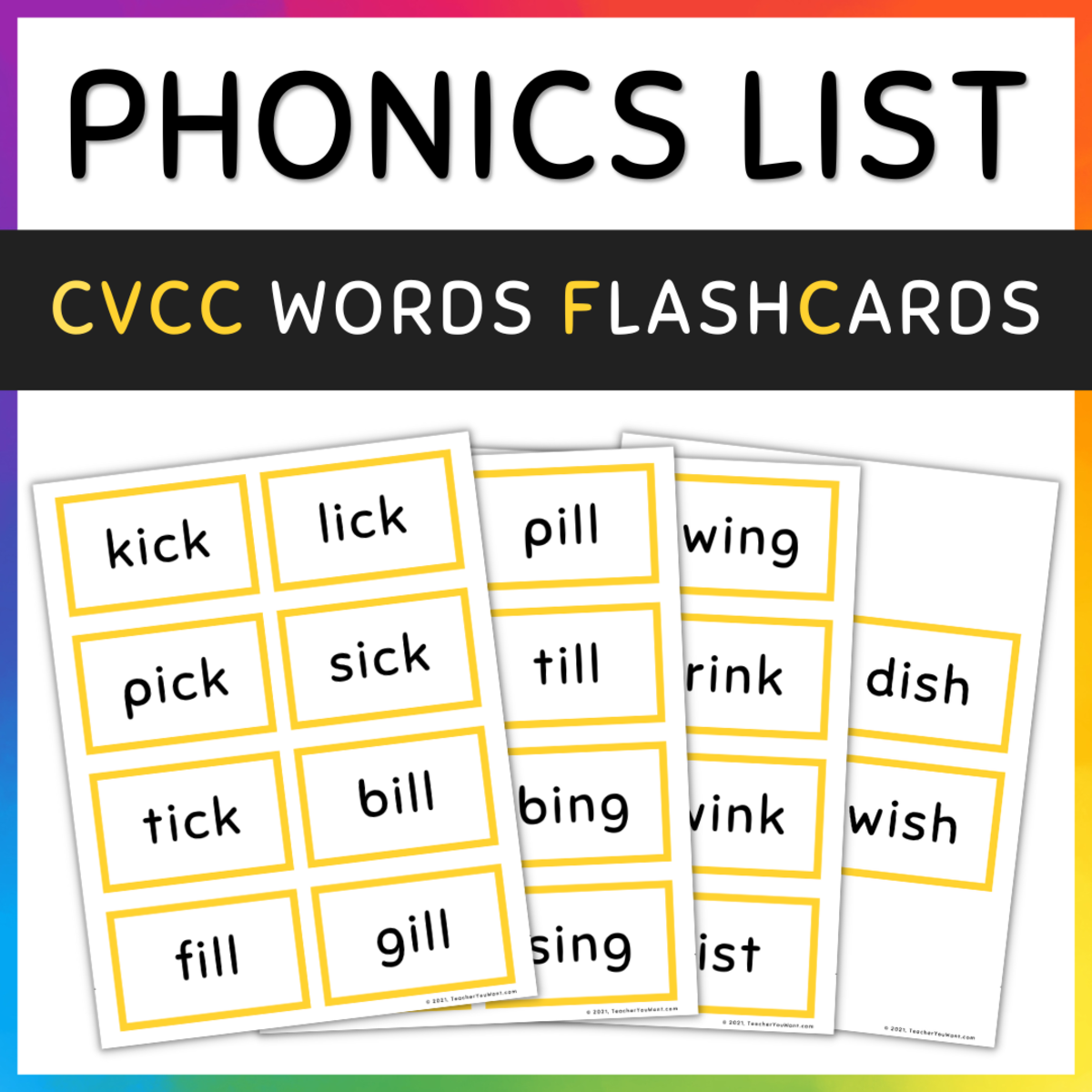 An educational teaching resource from TeacherYouWant entitled CVCC Words Flashcards, Short Vowel I, SET 1 downloadable at Teach Simple.