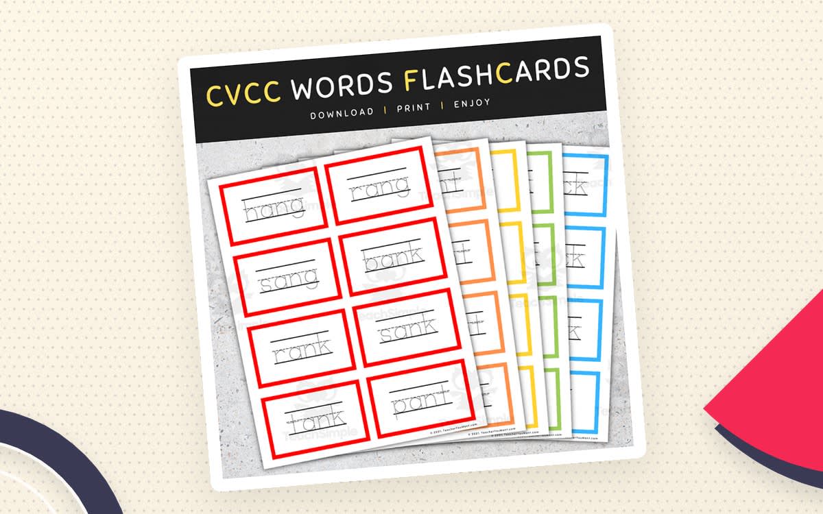 An educational teaching resource from TeacherYouWant entitled CVCC Words Tracing Flashcards: Short Vowels (A E I O U), CVCC Words List downloadable at Teach Simple.