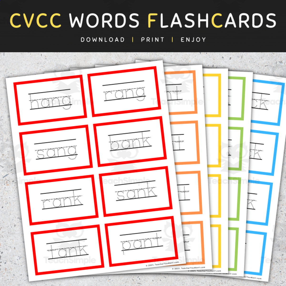 An educational teaching resource from TeacherYouWant entitled CVCC Words Tracing Flashcards: Short Vowels (A E I O U), CVCC Words List downloadable at Teach Simple.