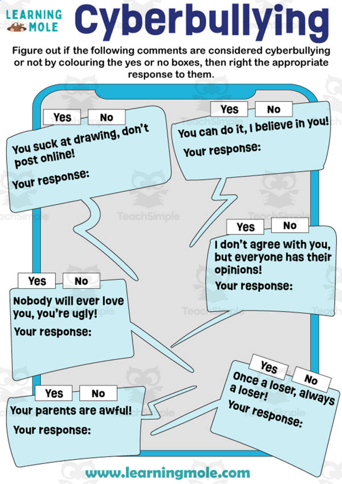 An educational teaching resource from Educational Voice entitled Cyberbullying Activity downloadable at Teach Simple.