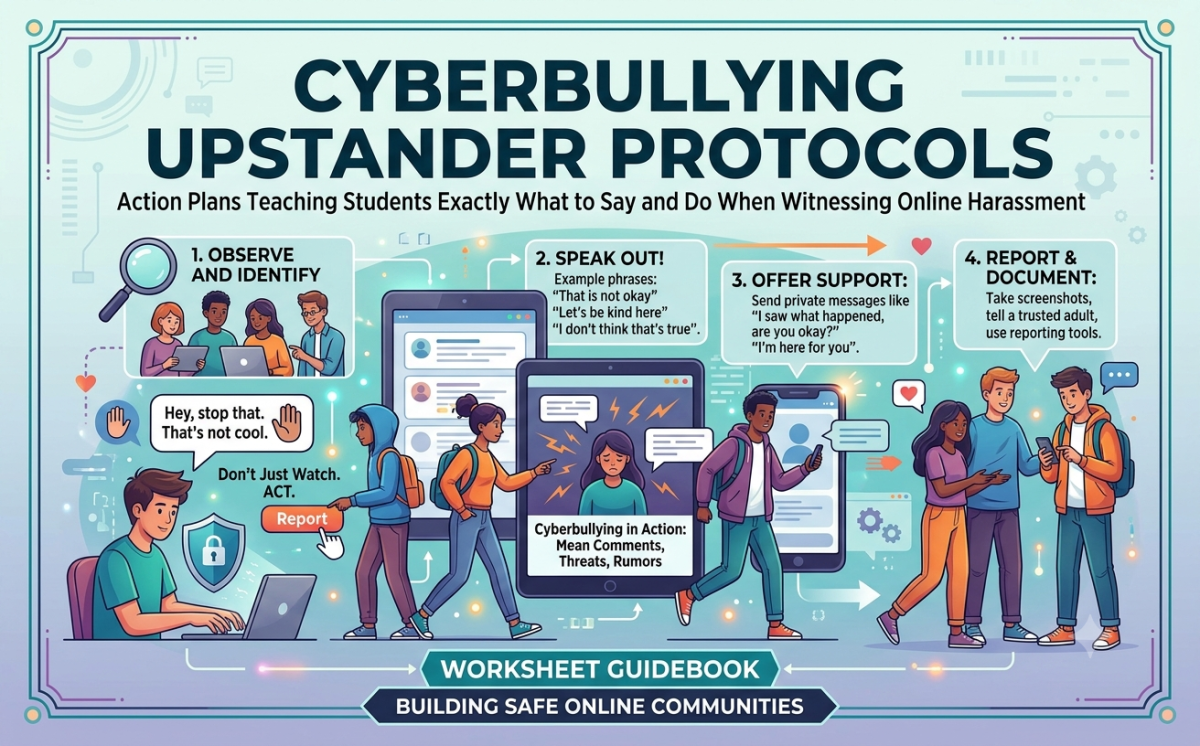 An educational teaching resource from Creative Book Store entitled Cyberbullying Upstander Protocols downloadable at Teach Simple.