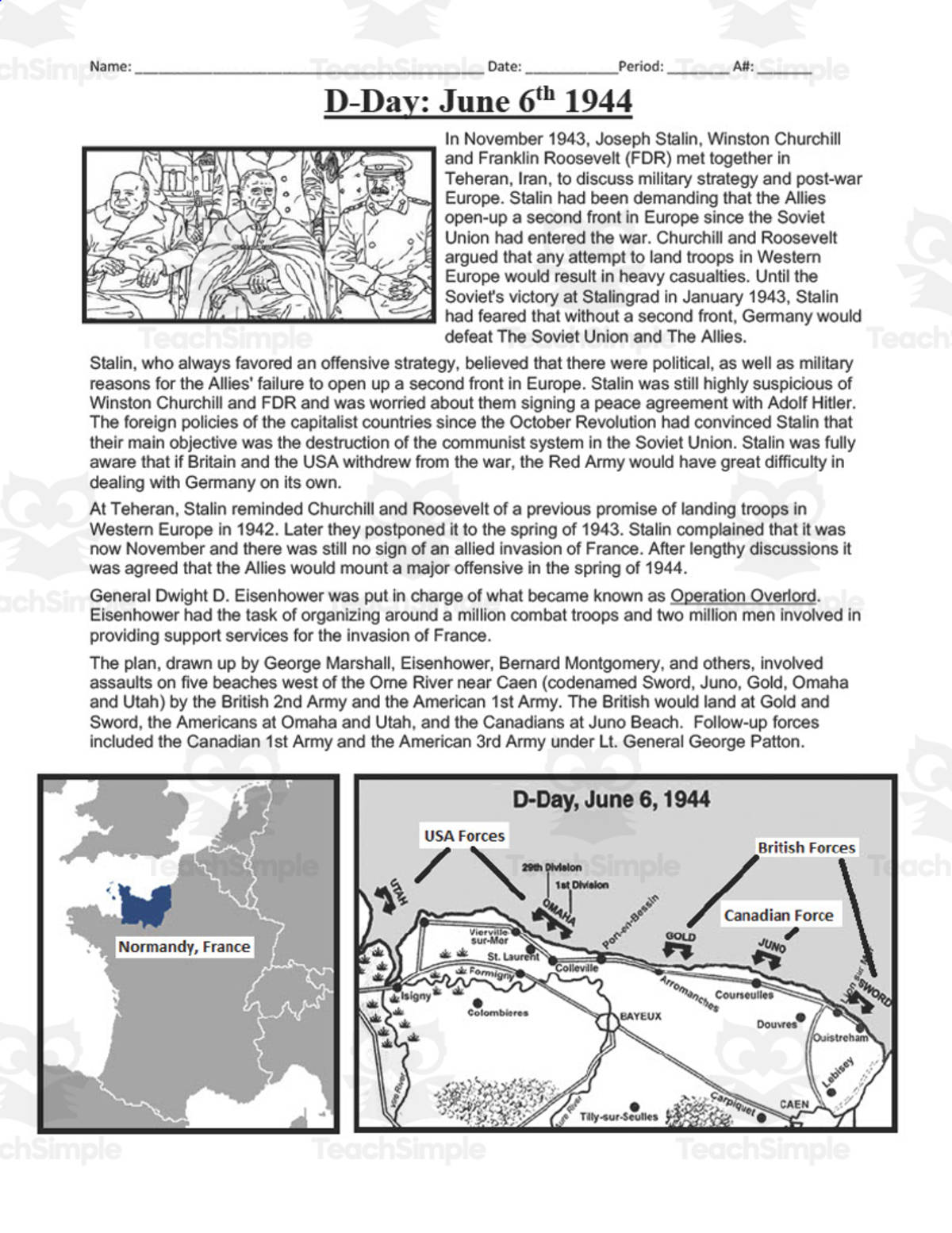 An educational teaching resource from DrDrew entitled D-Day: June 6th 1944 | Comprehension Questions downloadable at Teach Simple.