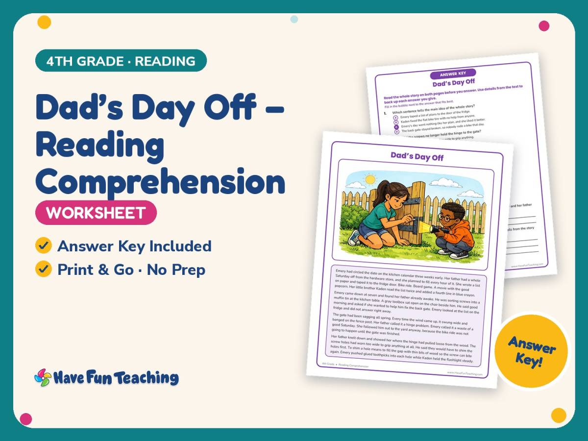 Dad’s Day Off – Reading Comprehension Worksheet – 4th Grade Practice preview