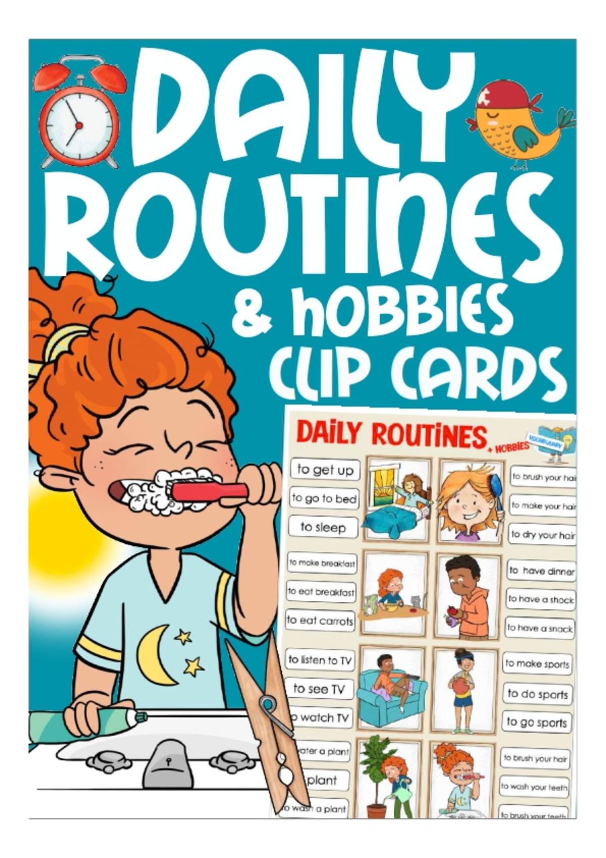 An educational teaching resource from Better Teaching Resources entitled Daily Routine & Hobbies Clip Cards - Vocabulary & Spelling downloadable at Teach Simple.