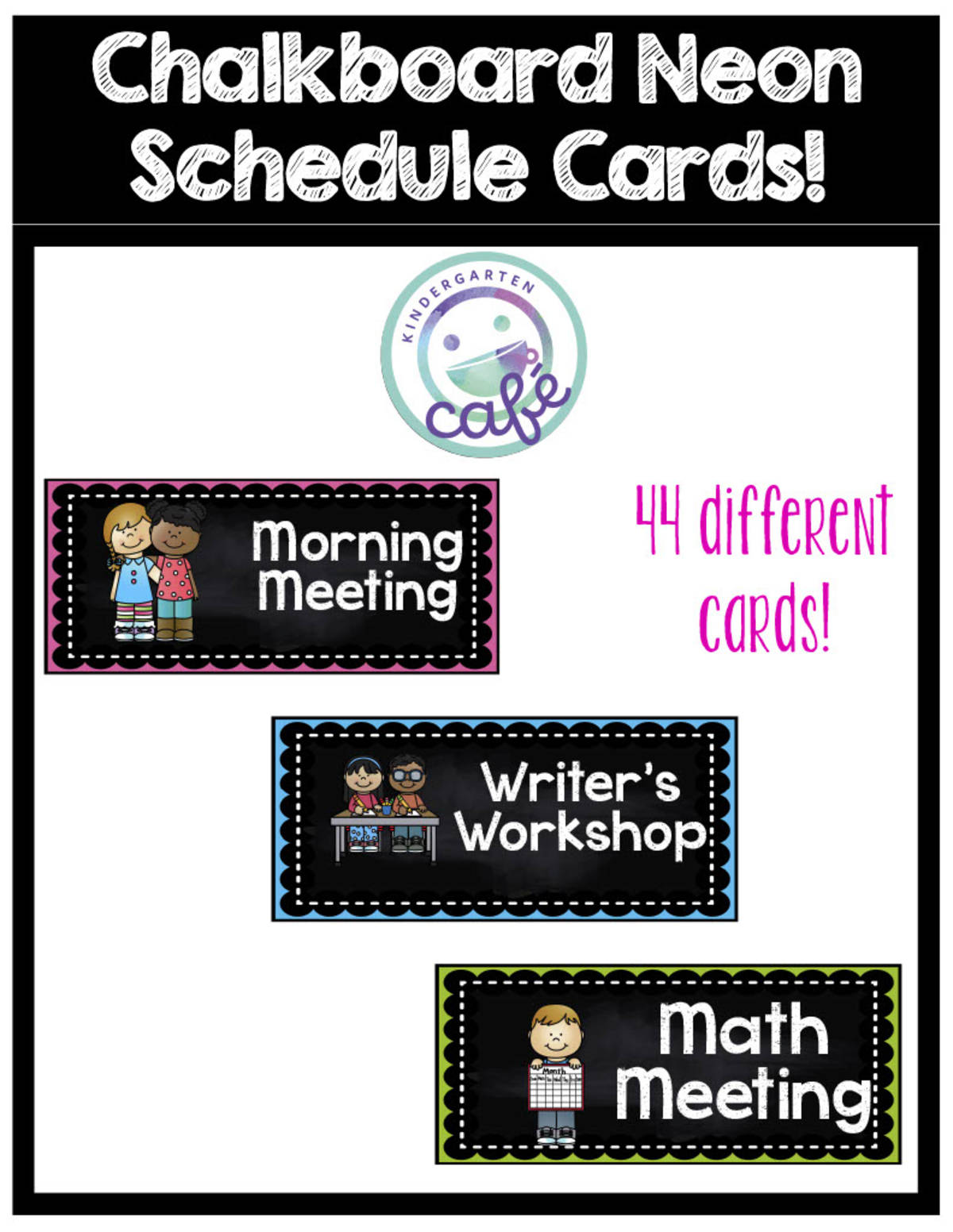 An educational teaching resource from Kindergarten Cafe entitled Daily Schedule Cards | Chalkboard Neon Design downloadable at Teach Simple.
