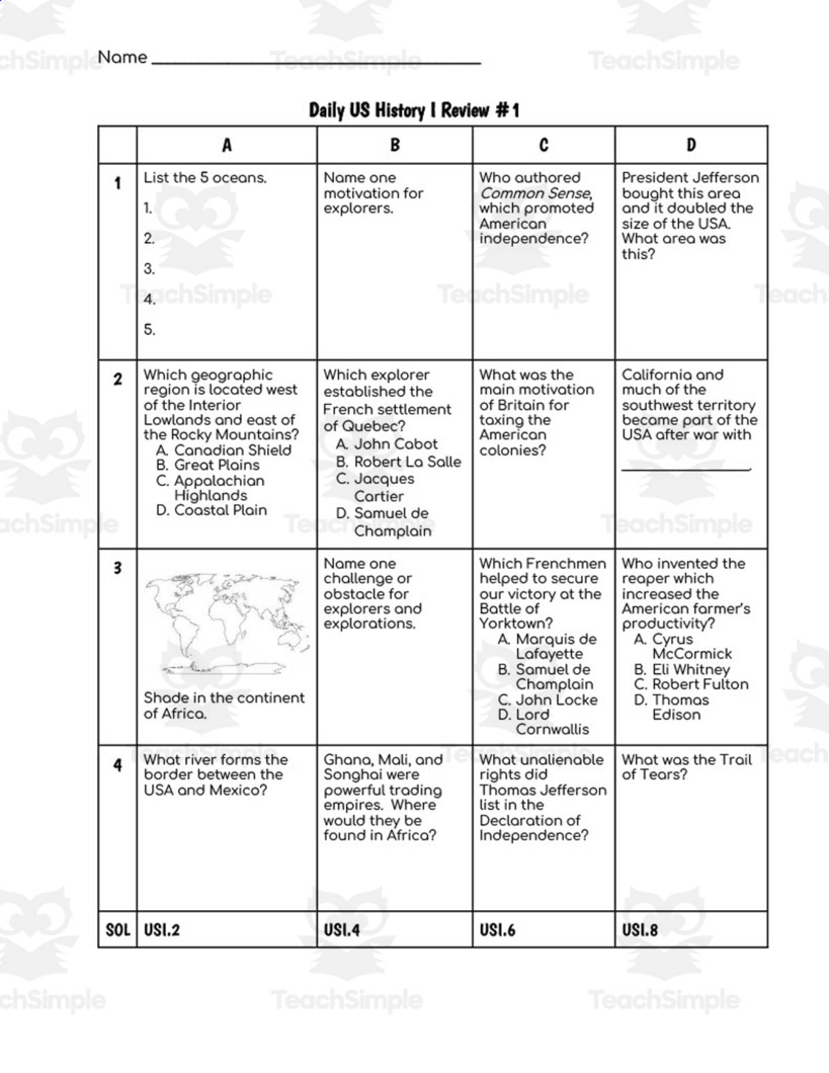 An educational teaching resource from KD's Kids School Shop entitled Daily US History I Review Sheets #1 - #5 downloadable at Teach Simple.