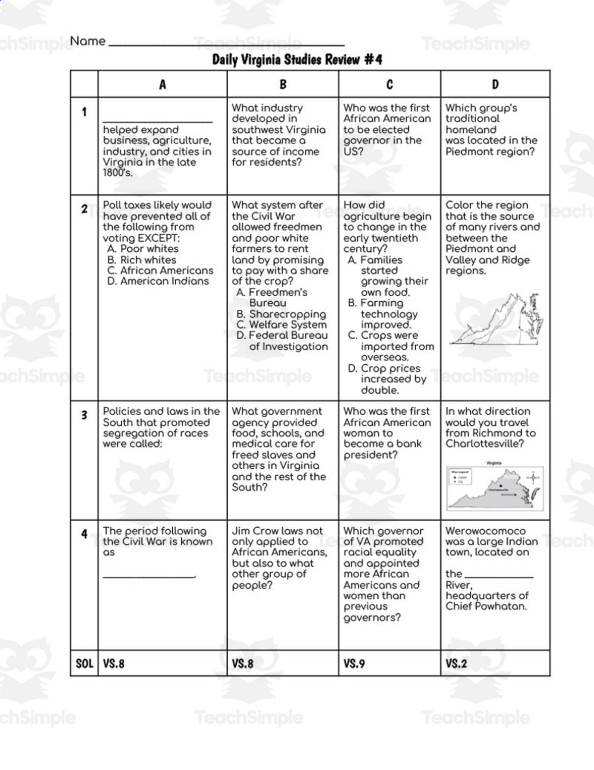 An educational teaching resource from History with DeLong entitled Daily Virginia Studies Review #4 (SOLs 8, 9 and 2) downloadable at Teach Simple.