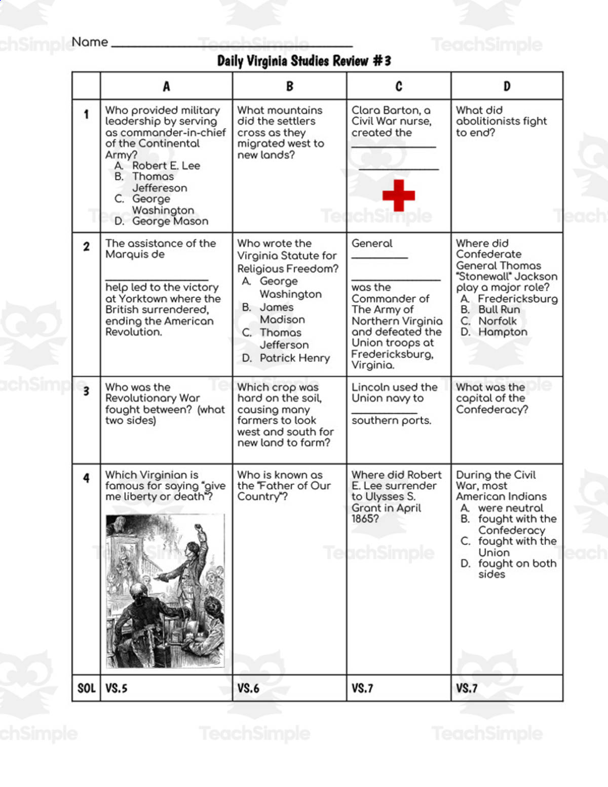 An educational teaching resource from History with DeLong entitled Daily Virginia Studies Review #7 (SOLs 5, 6, and 7) downloadable at Teach Simple.